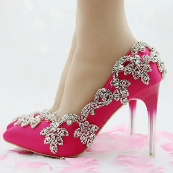 Chic / Beautiful Fuchsia Evening Party Pumps 2018 Rhinestone 8 cm Stiletto Heels Pointed Toe Pumps