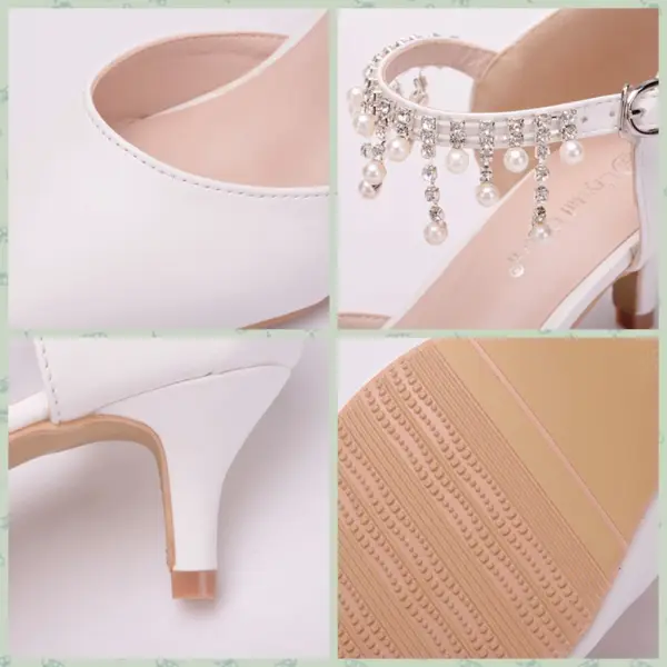 Chic / Beautiful White Wedding Shoes 2018 Pearl Rhinestone Tassel 5 cm Stiletto Heels Pointed Toe Wedding High Heels