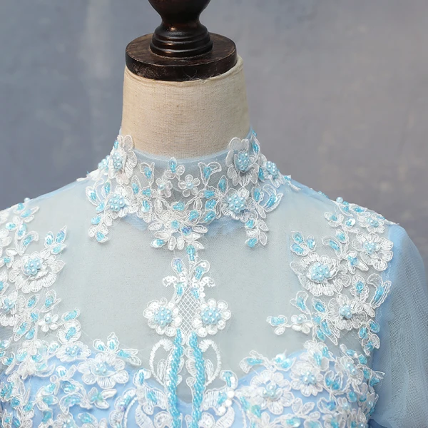 Chic / Beautiful Pool Blue Quinceañera Prom Dresses 2018 Ball Gown Lace Appliques Beading High Neck Backless Long Sleeve Floor-Length / Long Formal Dresses