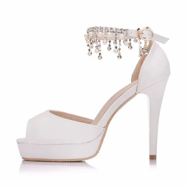 Modern / Fashion White Wedding Shoes 2018 Pearl Rhinestone Tassel 11 cm Stiletto Heels Open / Peep Toe Wedding High Heels