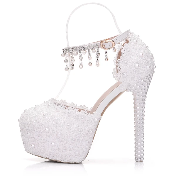 Elegant White Wedding Shoes 2018 Ankle Strap Lace Rhinestone Pearl Tassel 14 cm Stiletto Heels Round Toe Wedding High Heels