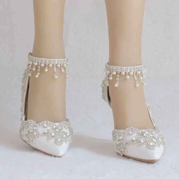 Elegant White Wedding Shoes 2018 Rhinestone Pearl Tassel 8 cm Stiletto Heels Pointed Toe Wedding High Heels