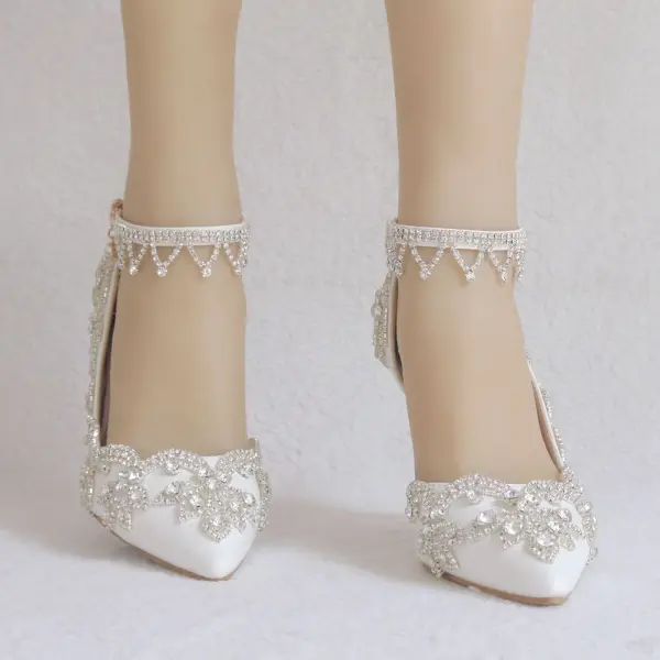 Mode Vita Brudskor 2018 Rhinestone 8 cm Stilettklackar Spetsiga Bröllop Högklackade