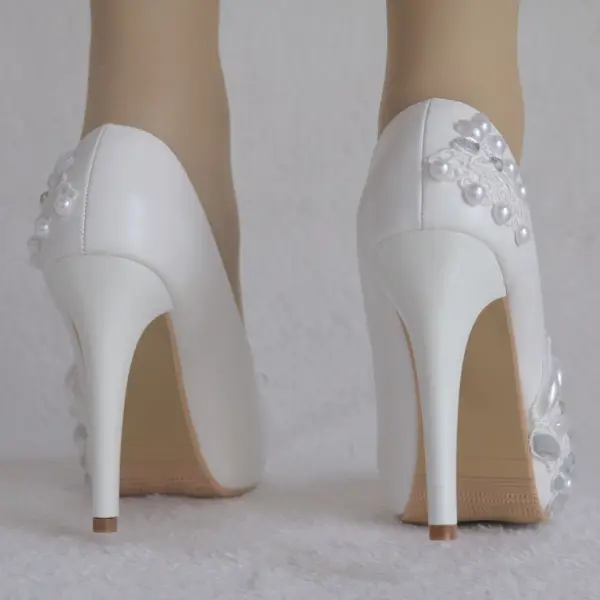 Chic / Beautiful White Wedding Shoes 2018 Lace Pearl Rhinestone 11 cm Stiletto Heels Round Toe Wedding Pumps