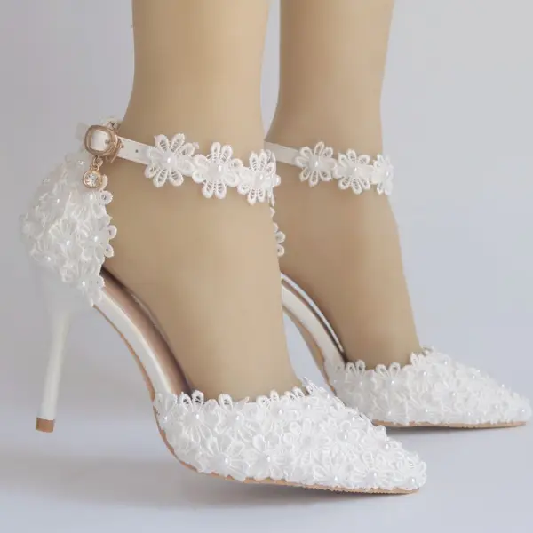Chic / Beautiful Black Wedding Shoes 2018 Pearl Lace Ankle Strap 9 cm Stiletto Heels Pointed Toe Wedding High Heels
