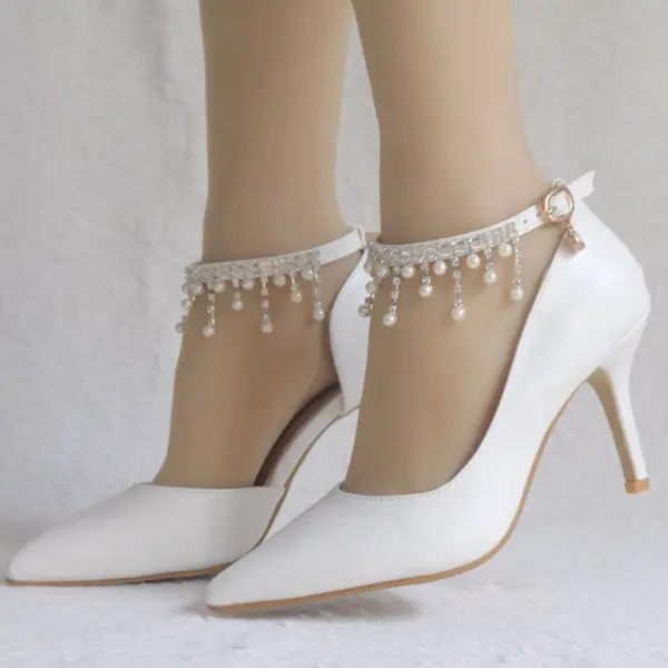 Modest / Simple White Wedding Shoes 2018 Pearl Rhinestone Tassel 8 cm Stiletto Heels Pointed Toe Wedding High Heels