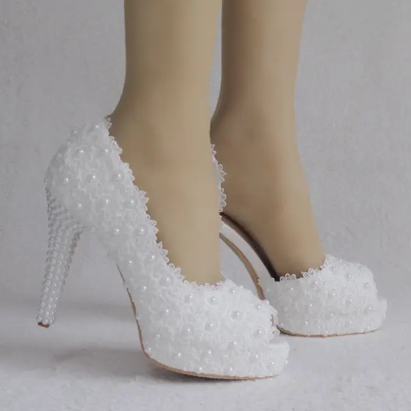 Chic / Beautiful White Wedding Shoes 2018 Lace Pearl 11 cm Thick Heels Open / Peep Toe Wedding High Heels