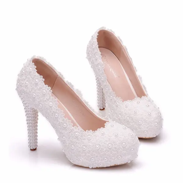Chic / Beautiful White Wedding Shoes 2018 Lace Pearl 11 cm Stiletto Heels Round Toe Wedding Pumps