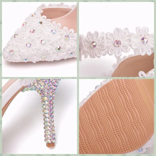 Charmant Weiß Brautschuhe 2018 Spitze Knöchelriemen Strass 9 cm Stilettos Spitzschuh Hochzeit Hochhackige