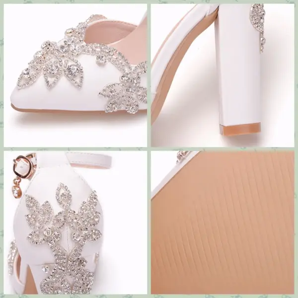 Modern / Fashion White Wedding Shoes 2018 Rhinestone Ankle Strap 10 cm Thick Heels Pointed Toe Wedding High Heels