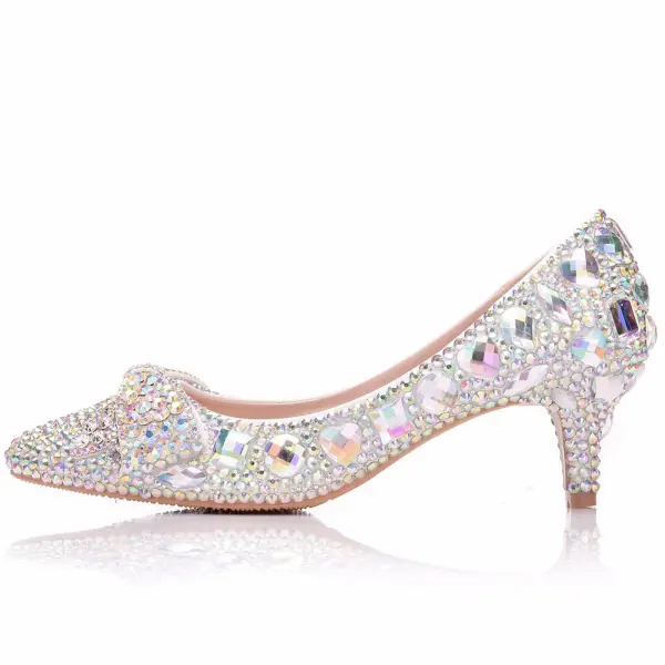 Sparkly Sølv Brudesko 2018 Krystall Rhinestone 5 cm Stiletthæler Spisse Bryllup Pumps