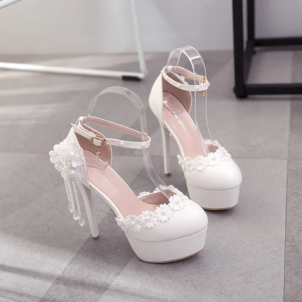 Modern / Fashion White Wedding Shoes 2018 Lace Flower Ankle Strap Pearl Tassel 14 cm Stiletto Heels Round Toe Wedding High Heels