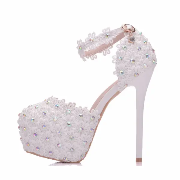 Modern / Fashion White Wedding Shoes 2018 Lace Flower Rhinestone Ankle Strap 14 cm Stiletto Heels Round Toe Wedding High Heels