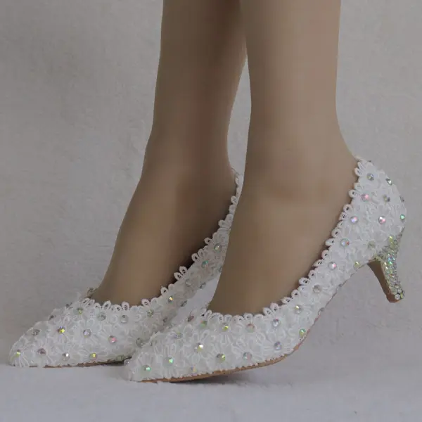 Chic / Beautiful White Wedding Shoes 2018 Lace Flower Rhinestone 5 cm Stiletto Heels Pointed Toe Wedding Pumps