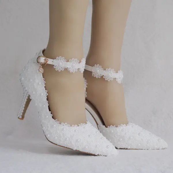 Chic / Beautiful White Wedding Shoes 2018 Lace Flower Pearl 8 cm Stiletto Heels Pointed Toe Wedding High Heels