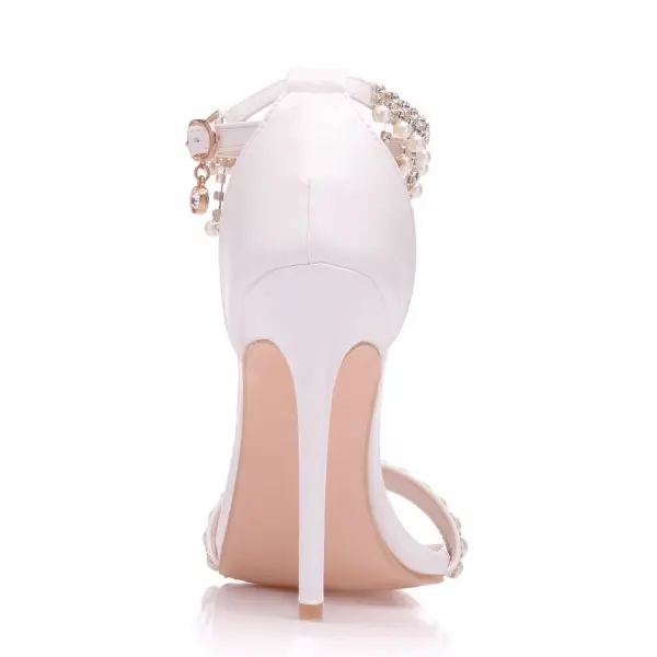 Charmant Weiß Brautschuhe 2018 Perle Strass Quaste Knöchelriemen 11 cm Stilettos Peeptoes Hochzeit Hochhackige