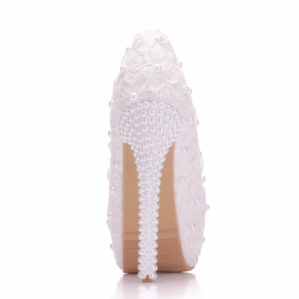 Chic / Beautiful White Wedding Shoes 2018 Lace Flower Pearl 14 cm Stiletto Heels Round Toe Wedding Pumps