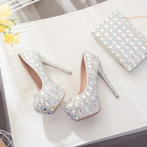 Sparkly Sølv Brudesko 2018 Krystall Rhinestone 14 cm Stiletthæler Rund Tå Bryllup Pumps