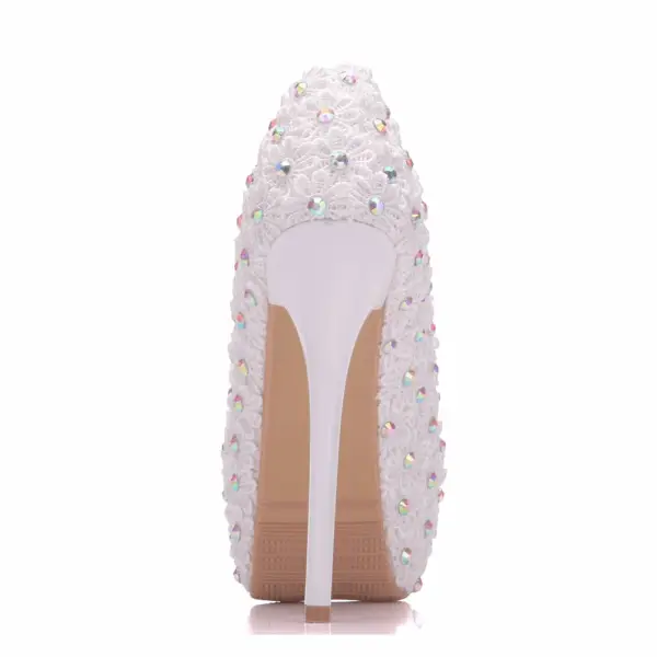 Chic / Beautiful White Wedding Shoes 2018 Lace Flower Rhinestone 14 cm Stiletto Heels Round Toe Wedding Pumps