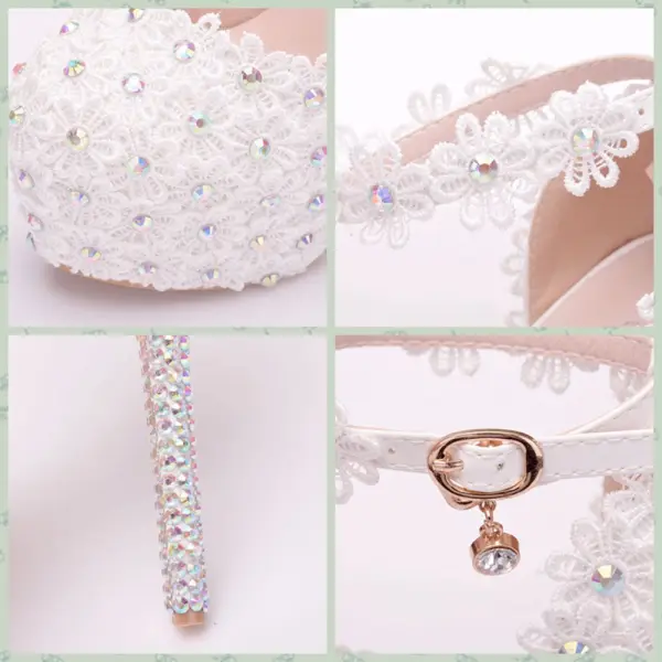 Chic / Beautiful White Wedding Shoes 2018 Lace Flower Rhinestone 14 cm Stiletto Heels Wedding Round Toe High Heels