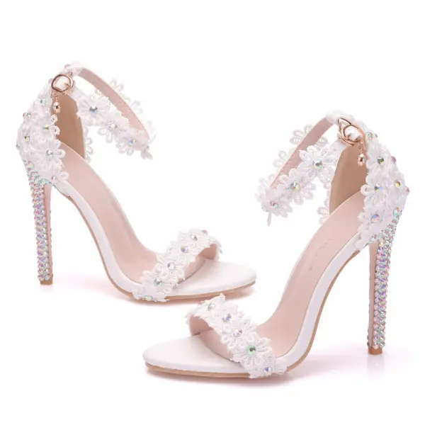 Modern / Fashion White Wedding Shoes 2018 Lace Flower Rhinestone Ankle Strap 11 cm Stiletto Heels Open / Peep Toe Wedding High Heels