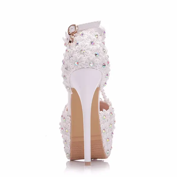 Modern / Fashion White Wedding Shoes 2018 Lace Flower Pearl Rhinestone Ankle Strap T-Strap 11 cm Stiletto Heels Round Toe Wedding High Heels