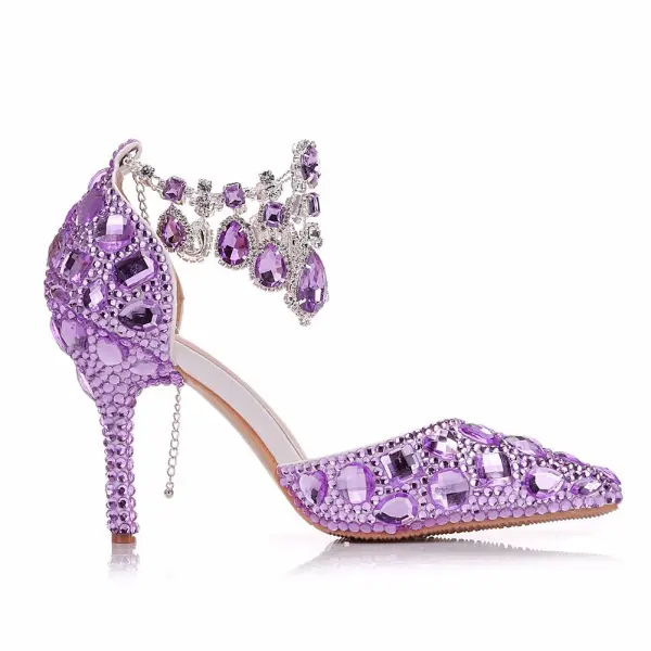 Charmant Lila Brautschuhe 2018 Kristall Knöchelriemen 9 cm Stilettos Spitzschuh Hochzeit Hochhackige