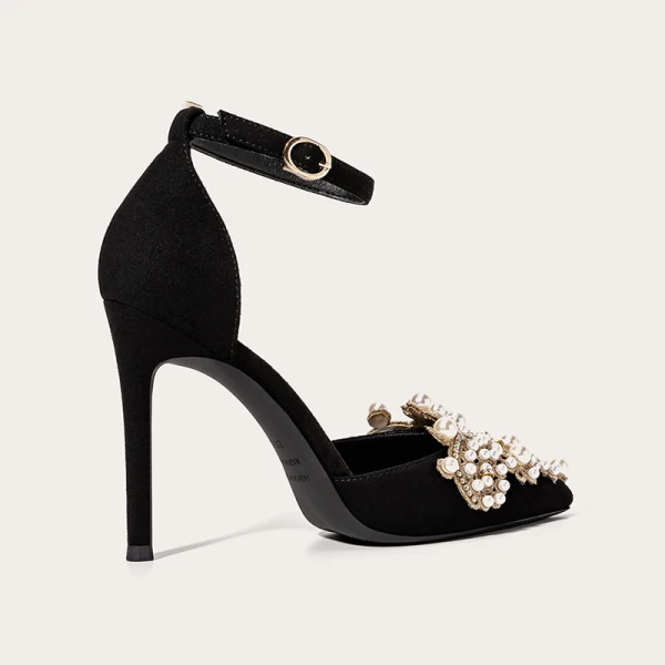 Charming Black Evening Party Leather Pearl Rhinestone Womens Shoes 2021 Ankle Strap 10 cm Stiletto Heels Pointed Toe High Heels