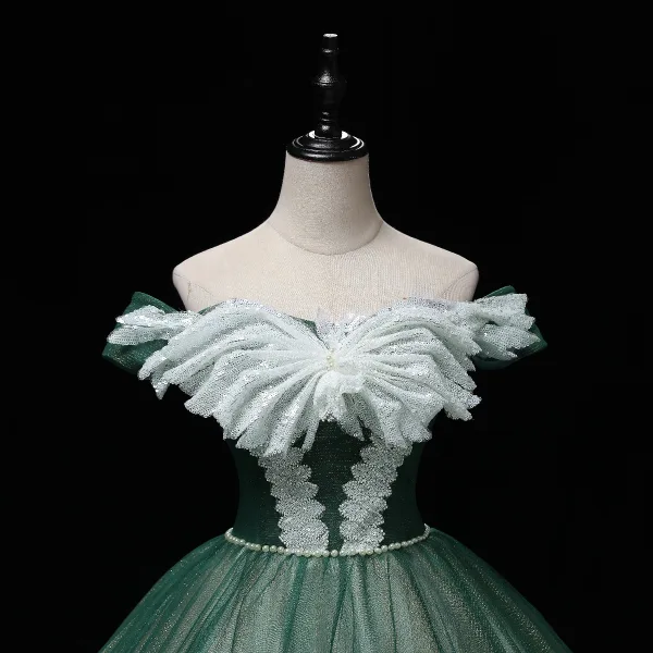 Elegant Dark Green Prom Dresses 2022 Ball Gown Off-The-Shoulder Short Sleeve Sequins Backless Pearl Bow Floor-Length / Long Formal Dresses