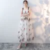 Amazing / Unique White Party Dresses 2018 A-Line / Princess Spaghetti Straps Sleeveless Cartoon Printing Sash Ankle Length Ruffle Backless Formal Dresses