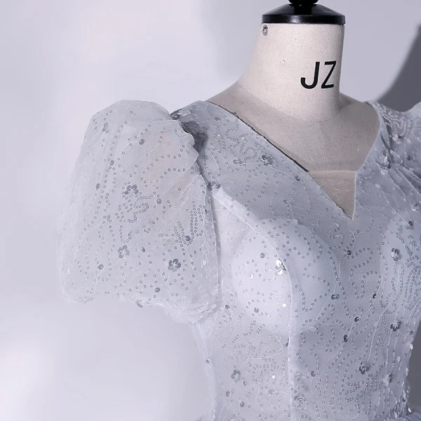 Chic / Beautiful Grey Sequins Prom Dresses 2022 Ball Gown V-Neck Puffy Short Sleeve Backless Floor-Length / Long Formal Dresses