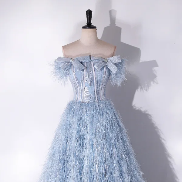 Fashion Sky Blue Tassel Rhinestone Bow Prom Dresses 2024 A-Line / Princess Strapless Sleeveless Backless Floor-Length / Long Prom Formal Dresses
