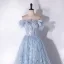 Fashion Sky Blue Tassel Rhinestone Bow Prom Dresses 2024 A-Line / Princess Strapless Sleeveless Backless Floor-Length / Long Prom Formal Dresses