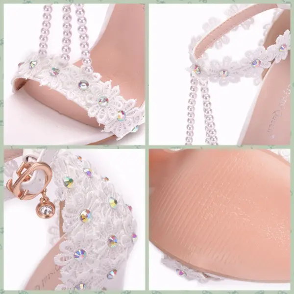 Charmant Blanche Chaussure De Mariée 2018 T-Strap En Dentelle Fleur Perle Faux Diamant Bride Cheville 11 cm Talons Aiguilles Peep Toes / Bout Ouvert Mariage Talons Hauts