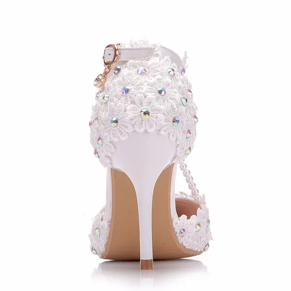Modern / Fashion White Wedding Shoes 2018 Lace Flower Rhinestone Pearl T-Strap Ankle Strap 9 cm Stiletto Heels Pointed Toe Wedding High Heels