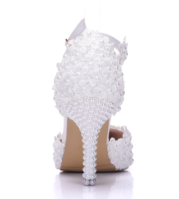 Modern / Fashion White Wedding Shoes 2018 Lace Flower Pearl Ankle Strap 9 cm Stiletto Heels Pointed Toe Wedding High Heels