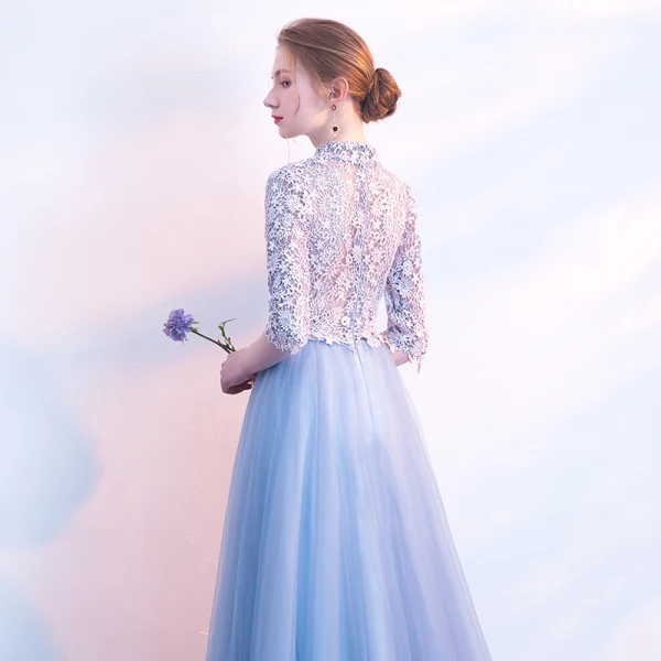 Chic / Beautiful Sky Blue Prom Dresses 2018 A-Line / Princess Lace Flower High Neck 1/2 Sleeves Floor-Length / Long Formal Dresses
