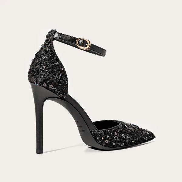 Charmant Schwarz Abend Perlenstickerei Pailletten Sandalen Damen 2021 Leder Knöchelriemen 10 cm Stilettos Spitzschuh Pumps Hochhackige