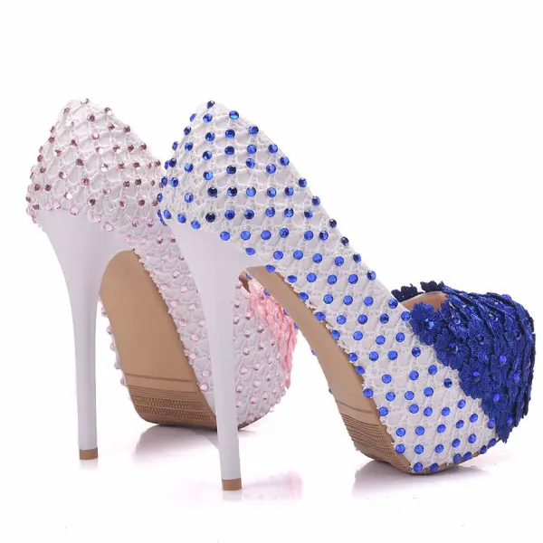 Lovely Blushing Pink Wedding Shoes 2018 Lace Flower Rhinestone 14 cm Stiletto Heels Round Toe Wedding Pumps