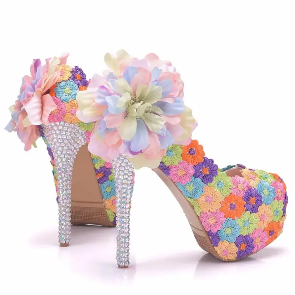 Flower Fairy Multi-Colors Prom Pumps 2018 Lace Handmade  Flower 14 cm Rhinestone Stiletto Heels Round Toe Pumps