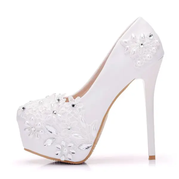 Chic / Beautiful White Wedding Shoes 2018 Lace Pearl Rhinestone 14 cm Stiletto Heels Round Toe Wedding Pumps