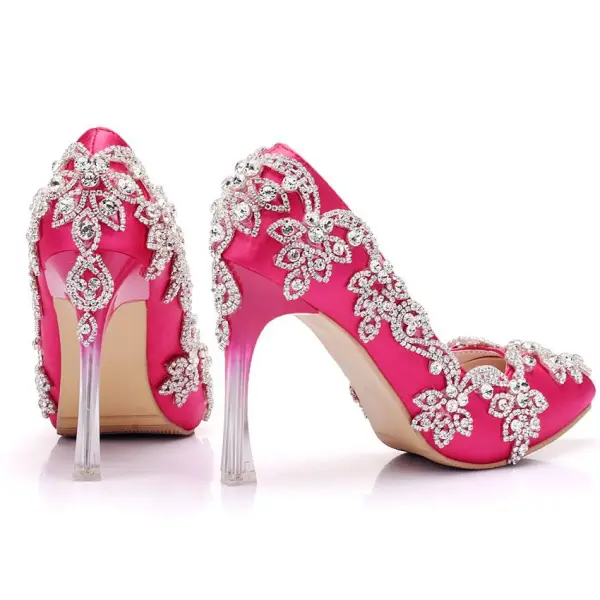 Charmant Fuchsie Brautschuhe 2018 Strass 8 cm Kristall Stilettos Spitzschuh Hochzeit Pumps