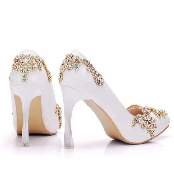 Mode Vita Brudskor 2018 Rhinestone 9 cm Kristall Stilettklackar Spetsiga Bröllop Pumps