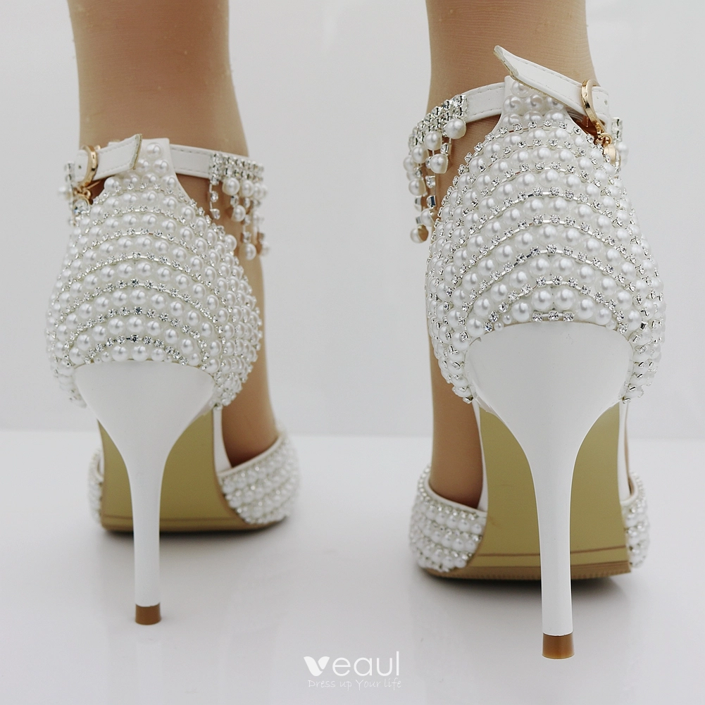 Modest / Simple White 8 cm Satin Wedding High Heels Beading Pearl Pointed  Toe Wedding Shoes 2018