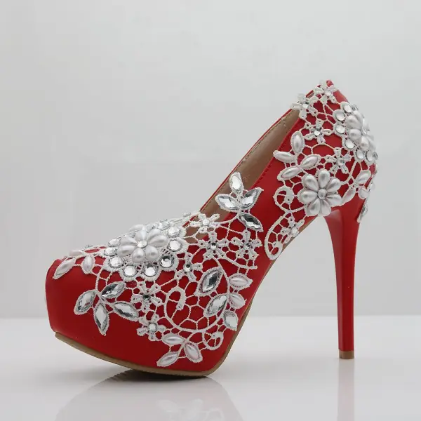 Chic / Beautiful Red Wedding Shoes 2018 Appliques Lace Pearl Rhinestone 14 cm Stiletto Heels Round Toe Wedding Pumps