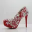 Chic / Beautiful Red Wedding Shoes 2018 Appliques Lace Pearl Rhinestone 14 cm Stiletto Heels Round Toe Wedding Pumps
