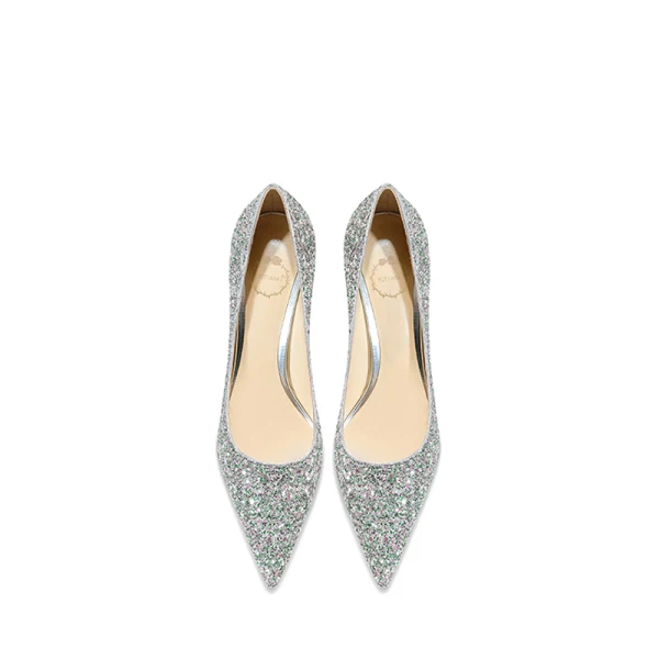 Glittrande Silver Paljetter Brudskor 2021 Läder 8 cm Stilettklackar Spetsiga Bröllop Pumps Högklackade