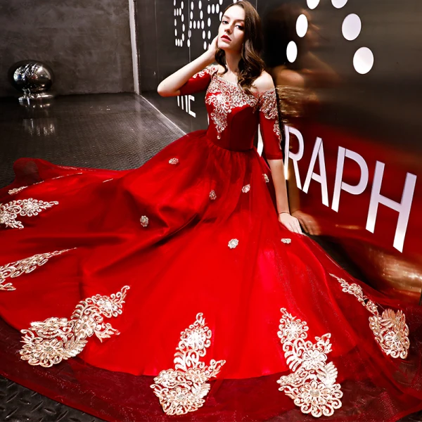 Moderne / Mode Rouge Robe De Soirée 2018 Princesse Appliques En Dentelle De l'épaule 1/2 Manches Dos Nu Longue Robe De Ceremonie