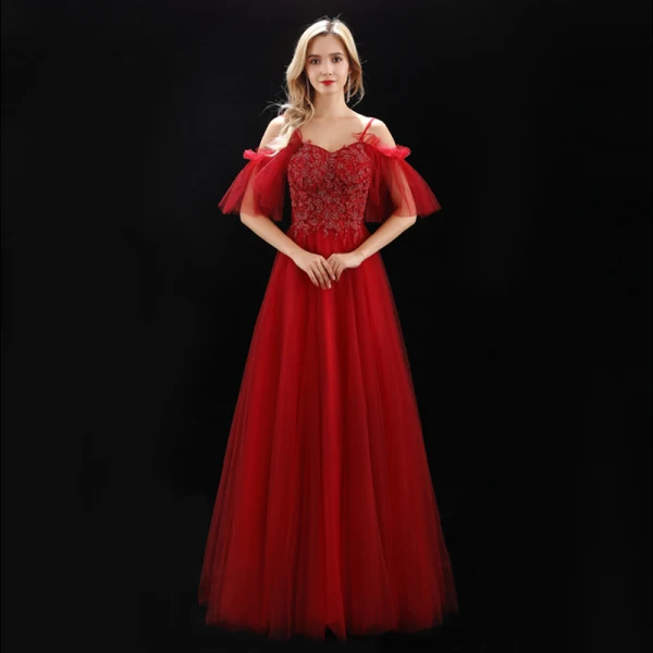 Chic / Beautiful Burgundy Evening Dresses 2019 A-Line / Princess Beading Crystal Spaghetti Straps Backless Short Sleeve Floor-Length / Long Formal Dresses