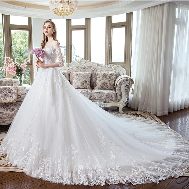 Modern Fashion White Corset Wedding Dresses 2018 A Line Princess Appliques Lace  Scoop Neck Backless 1 2 Sleeves Cathedral Train